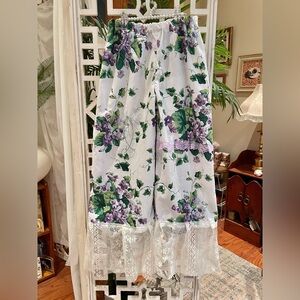 Cottagecore cotton Floral Wide Leg Pants with lace hem